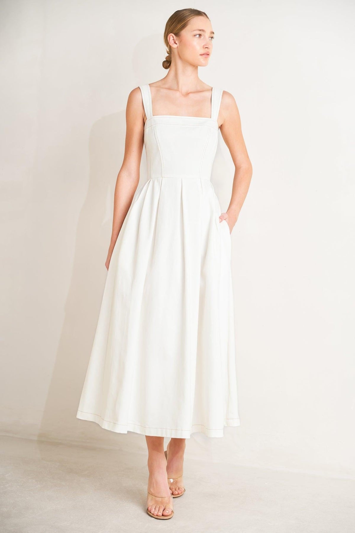 Flying Tomato Serene Charm woven midi dress in off-white with a flowing, bohemian style, showcasing lightweight fabric and intricate details.