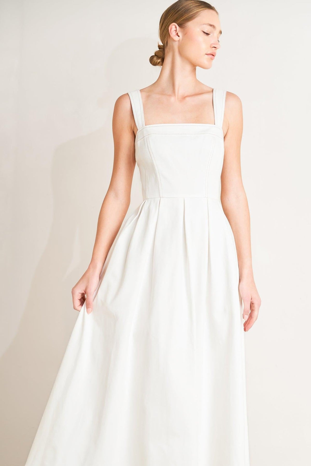 Flying Tomato Serene Charm woven midi dress in off-white, featuring a flowy, textured fabric and elegant design.