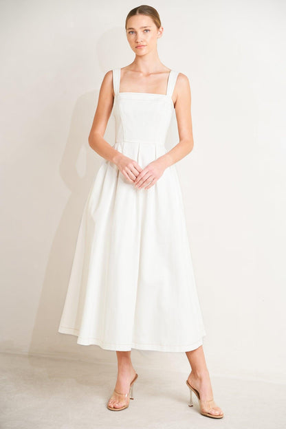 Flying Tomato Serene Charm Woven Midi Dress in off-white, featuring a flowing, elegant design perfect for casual or semi-formal wear.