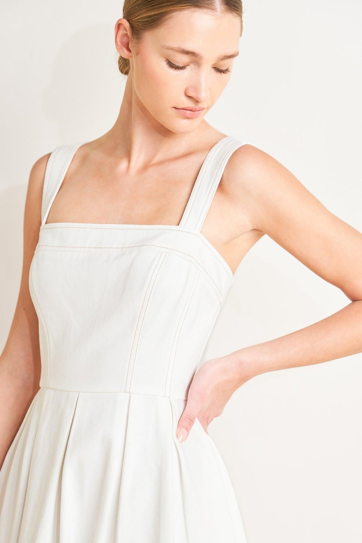 Flying Tomato Serene Charm woven midi dress in off-white with a flowy, lightweight fabric and intricate woven details.