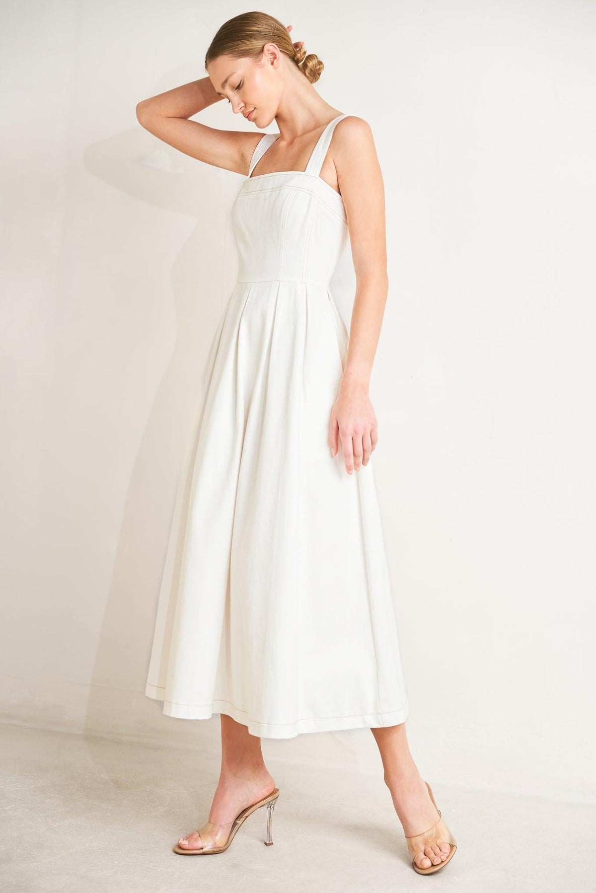 Off-white Flying Tomato Serene Charm woven midi dress with a flowy silhouette and intricate woven details.