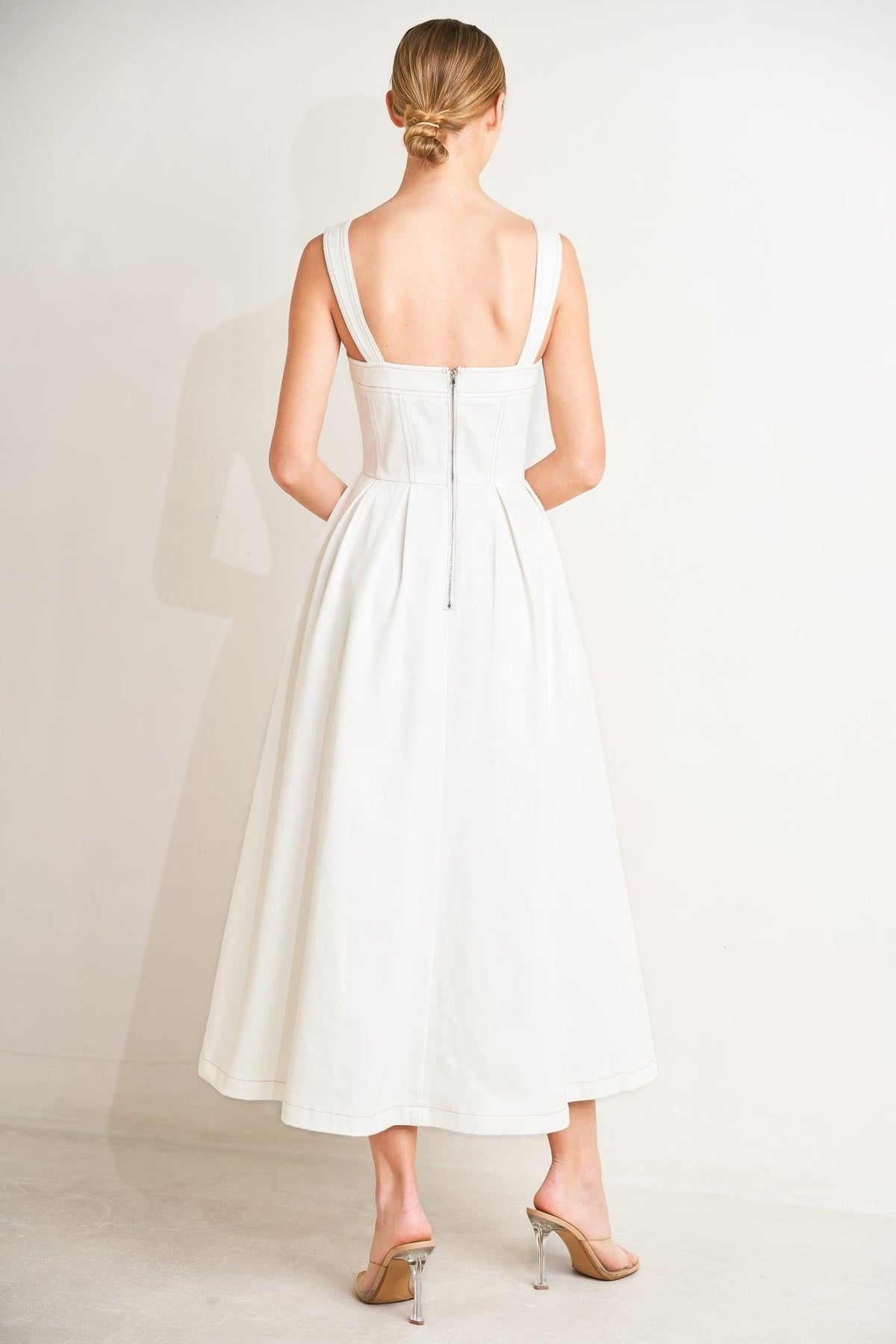 Off-white woven midi dress from Flying Tomato's Serene Charm collection, featuring a flowing, elegant design with intricate details.