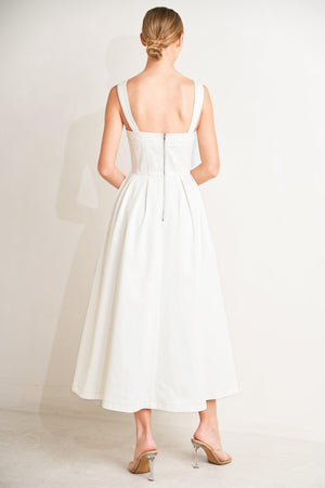 Off-white woven midi dress from Flying Tomato's Serene Charm collection, featuring a flowing, elegant design with intricate details.