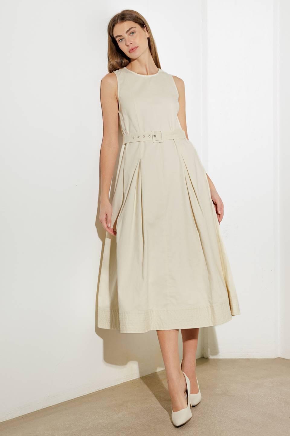 Ecru woven midi dress from Flying Tomato's Over the Waters collection, featuring a flowing silhouette and elegant design.
