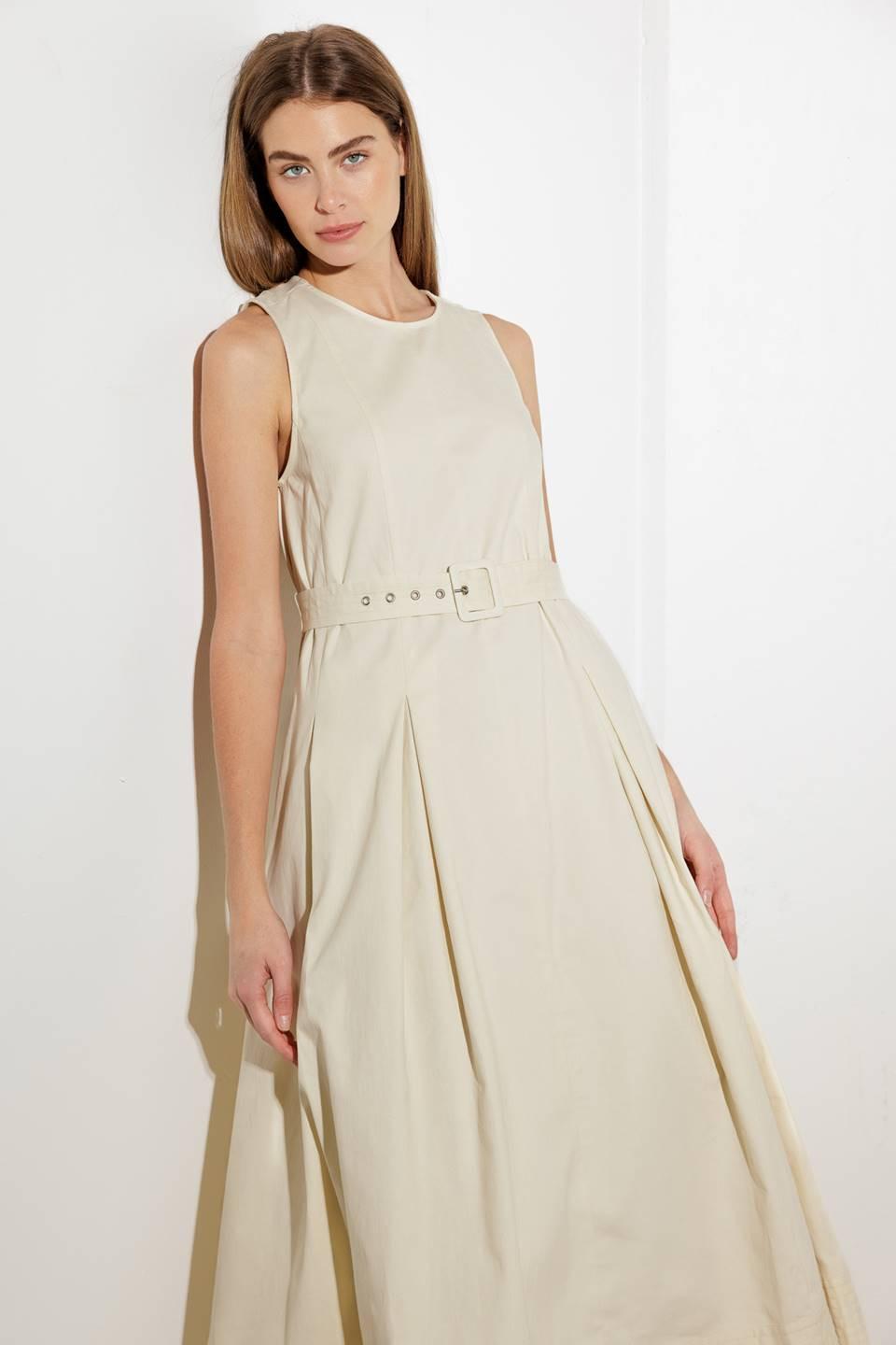 Ecru woven midi dress by Flying Tomato featuring a relaxed fit, sleeveless design, and intricate woven fabric details.