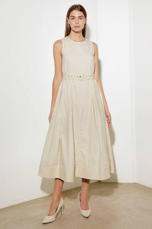 Ecru woven midi dress by Flying Tomato featuring a relaxed fit and detailed craftsmanship, perfect for casual or semi-formal wear.