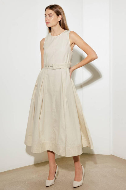 Ecru woven midi dress from Flying Tomato's Over the Waters collection, featuring a flowing, lightweight design perfect for summer wear.