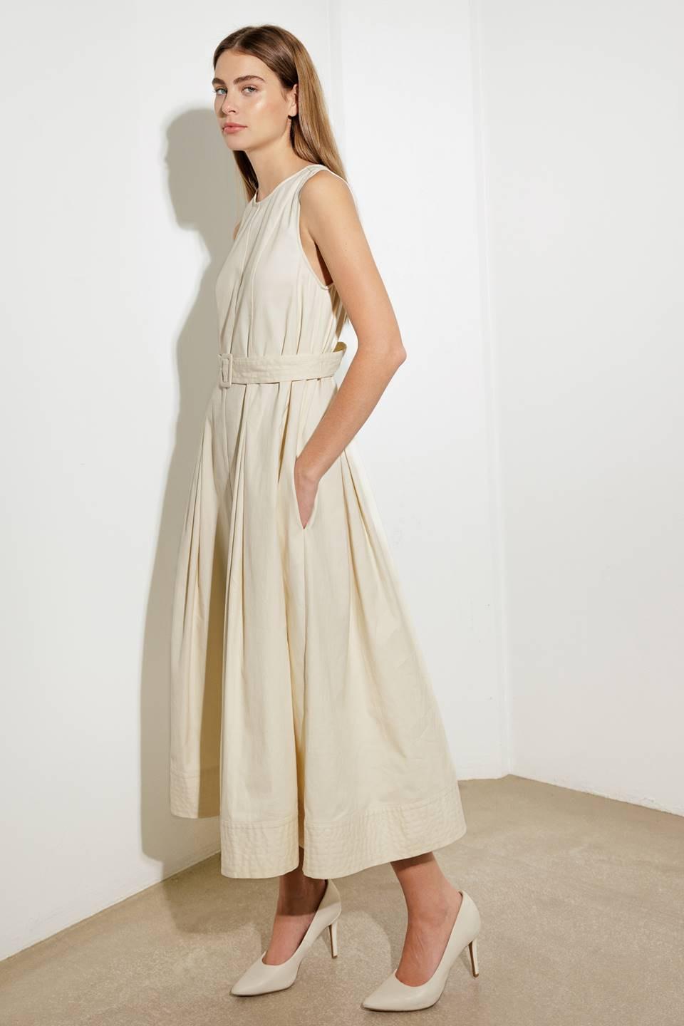 Flying Tomato over the waters woven midi dress in ecru, featuring a flowing, lightweight fabric with a bohemian style silhouette.