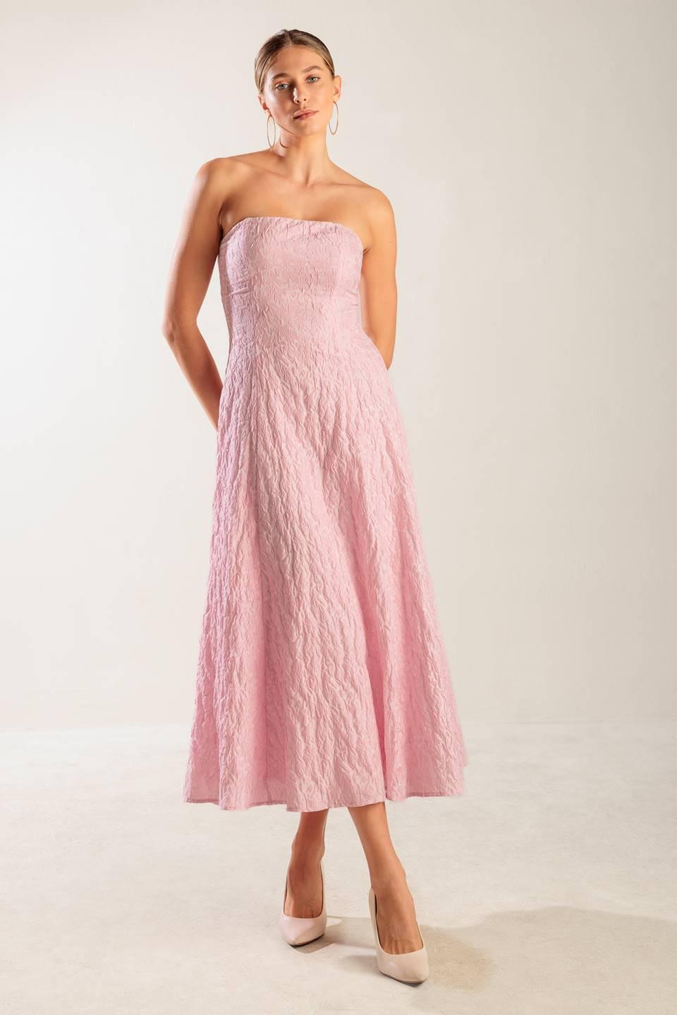Light pink woven midi dress from Flying Tomato's Roll With It collection, featuring a stylish and comfortable design.