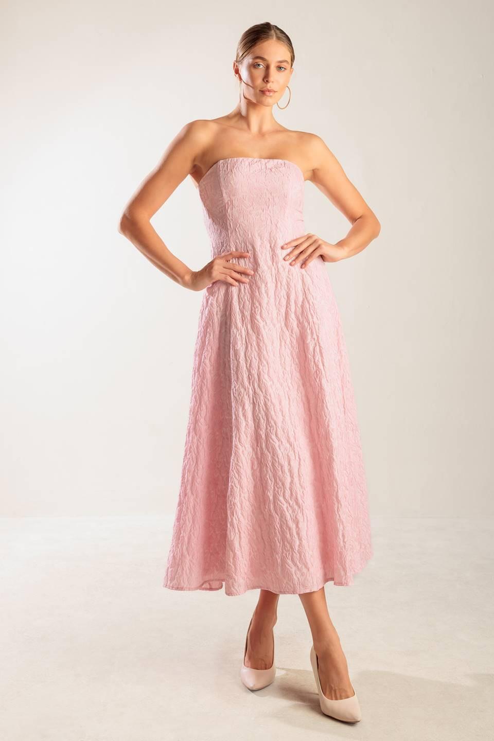Light pink woven midi dress by Flying Tomato, featuring a relaxed fit and stylish design, perfect for casual summer wear.