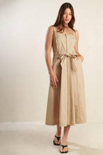 Flying Tomato Margot Dream woven midi dress in taupe, featuring a relaxed fit and stylish design, perfect for casual or semi-formal wear.