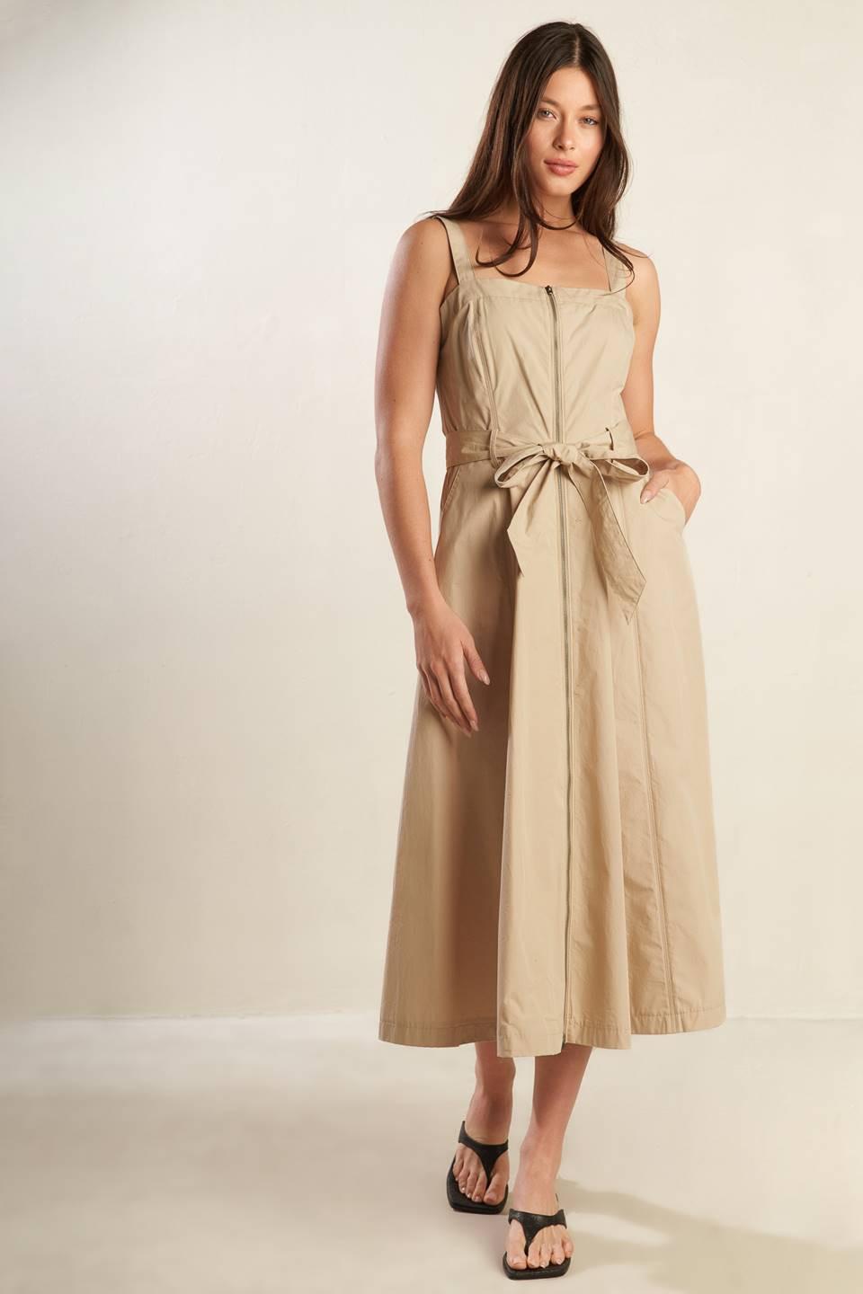 Flying Tomato Margot Dream woven midi dress in taupe, featuring a relaxed fit and stylish design, perfect for casual or semi-formal wear.