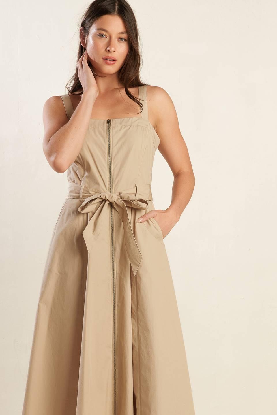 Taupe Margot Dream Woven Midi Dress by Flying Tomato, showcasing a flowing, stylish dress with intricate woven details.