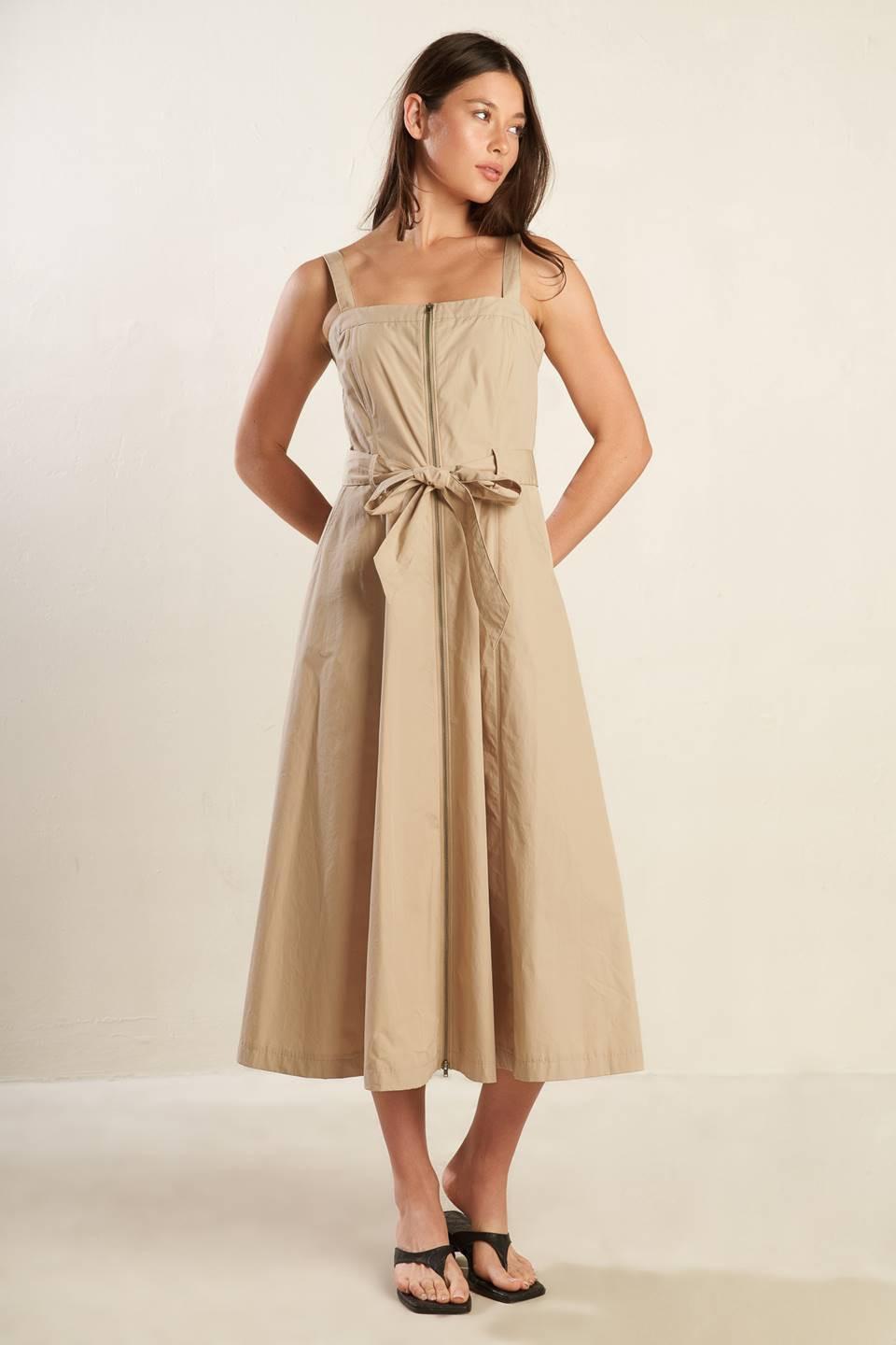 Taupe Margot Dream woven midi dress by Flying Tomato, featuring a flowing design and detailed fabric texture.