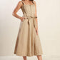 Taupe Margot Dream Woven Midi Dress by Flying Tomato, featuring lightweight fabric and elegant midi length, displayed on a hanger.