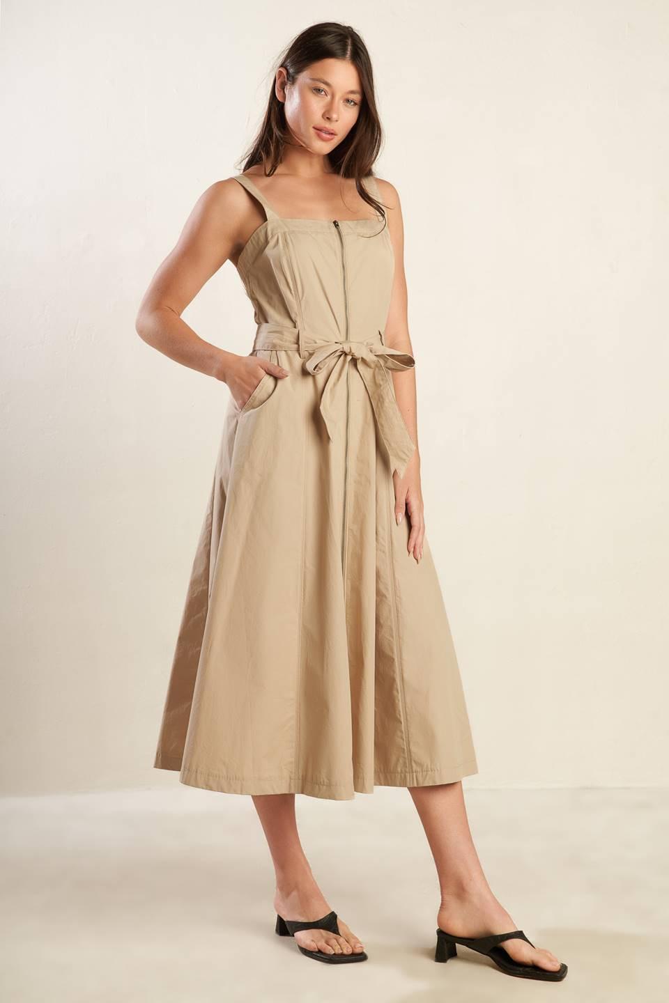 Taupe Margot Dream Woven Midi Dress by Flying Tomato, featuring lightweight fabric and elegant midi length, displayed on a hanger.