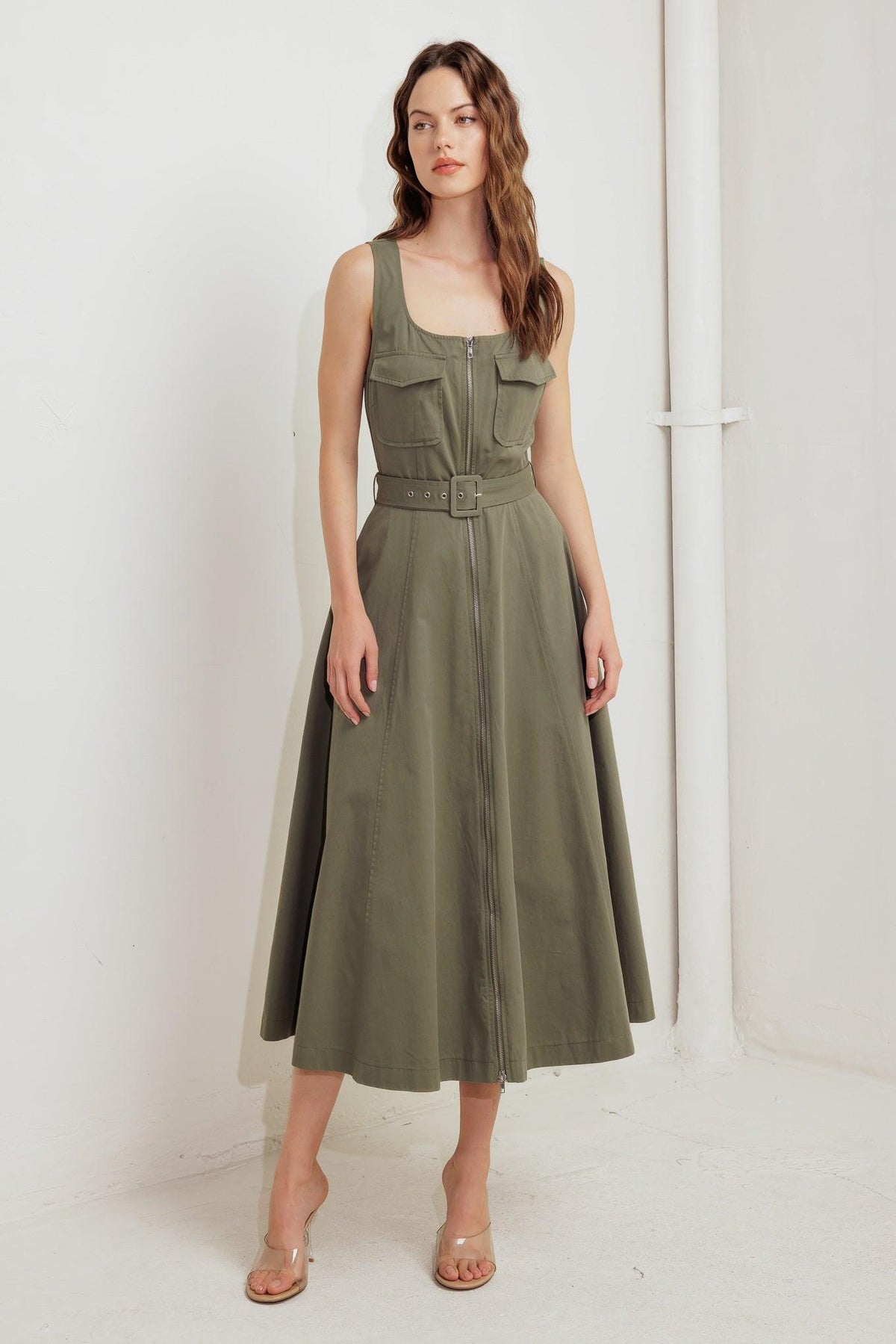 Flying Tomato Olive Grove Woven Midi Dress, lightweight fabric, knee-length, with a relaxed fit and olive green color.