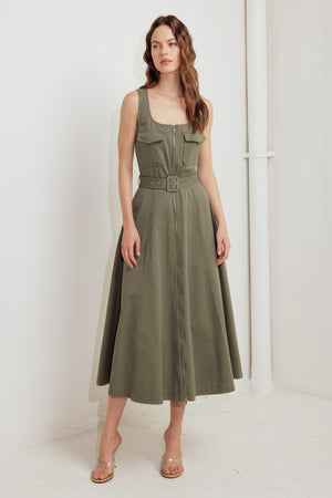 Flying Tomato Olive Grove Woven Midi Dress, lightweight fabric, knee-length, with a relaxed fit and olive green color.
