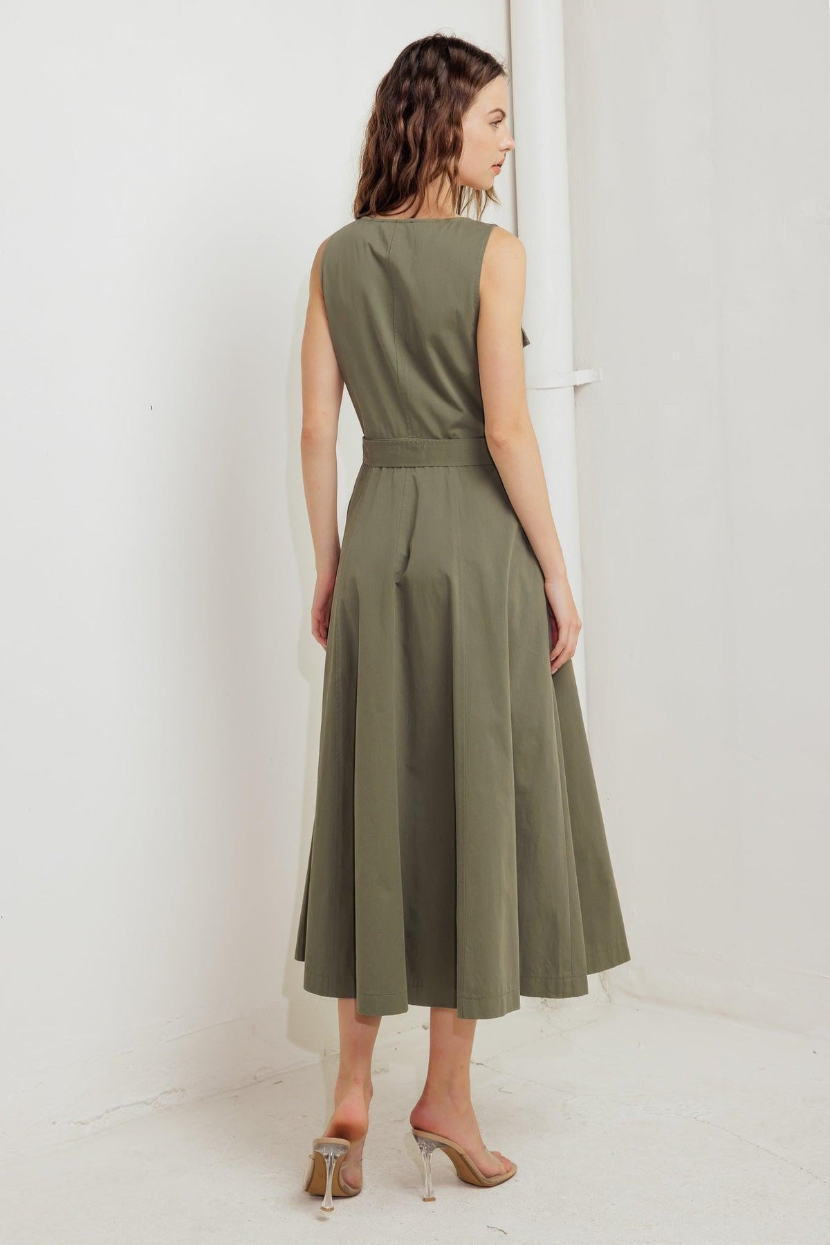 Flying Tomato Olive Grove Woven Midi Dress, lightweight with a textured fabric, knee-length with a relaxed fit and floral pattern.
