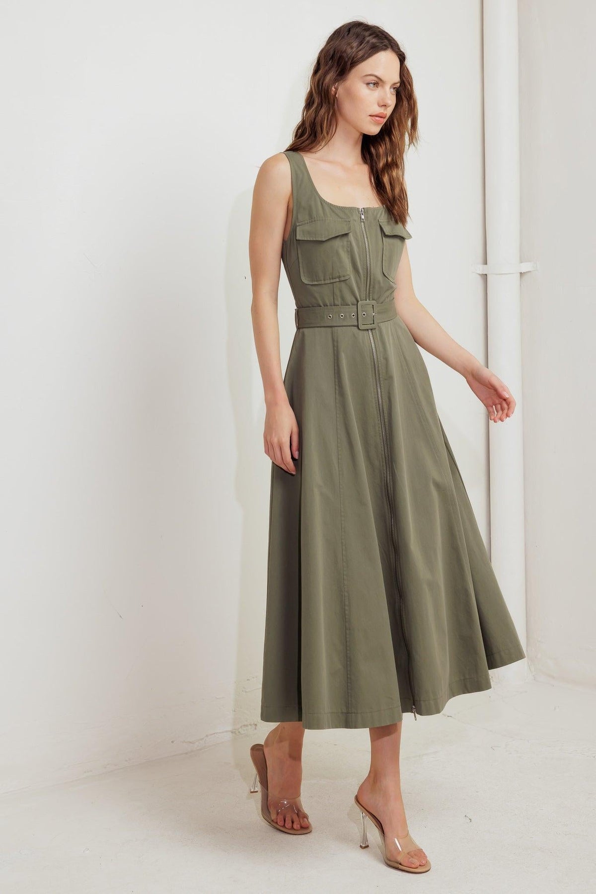 Olive Grove woven midi dress by Flying Tomato, featuring a flowy silhouette, woven fabric, and olive green color.