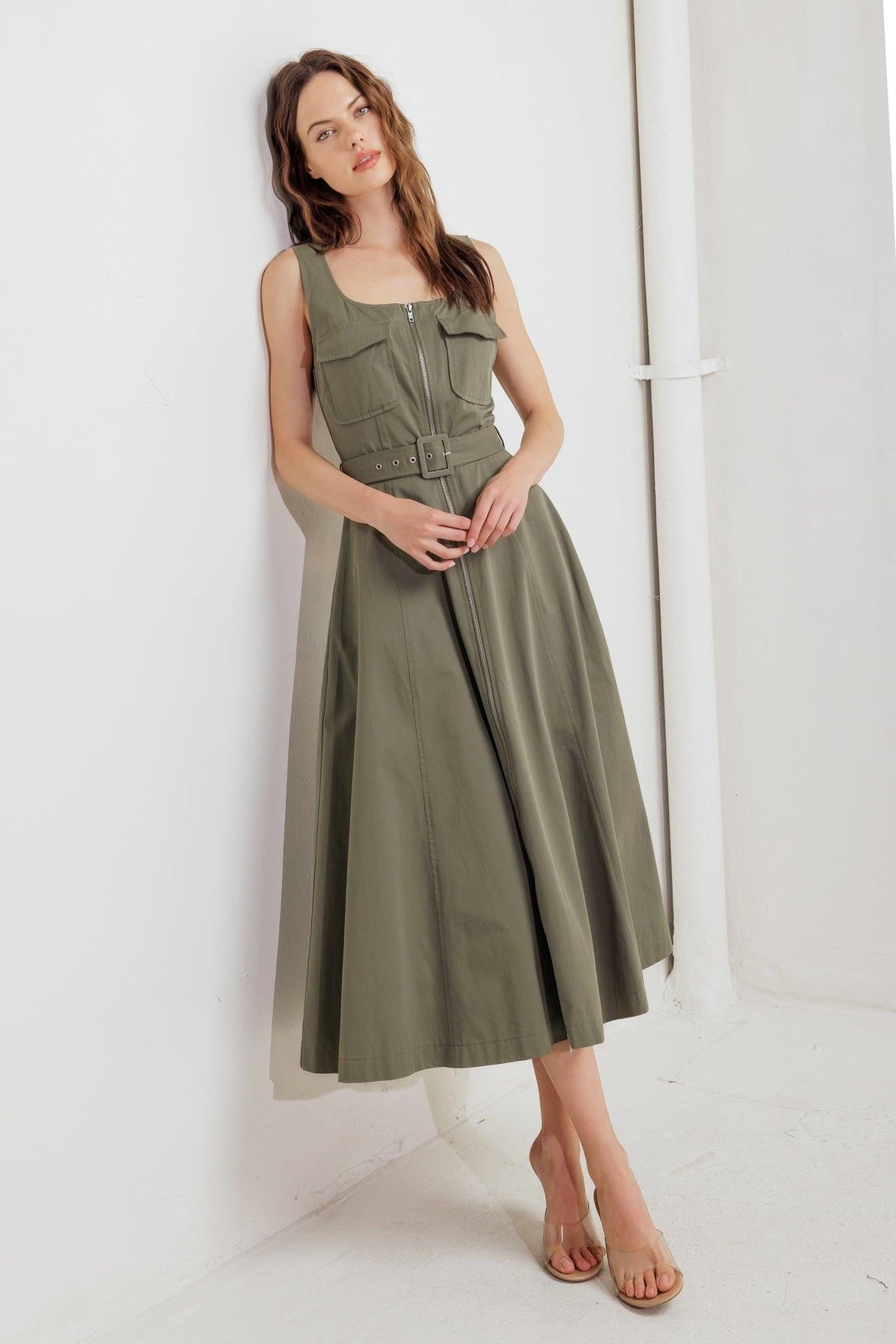 Flying Tomato Olive Grove Woven Midi Dress featuring a flowing olive green fabric and a comfortable, stylish design.