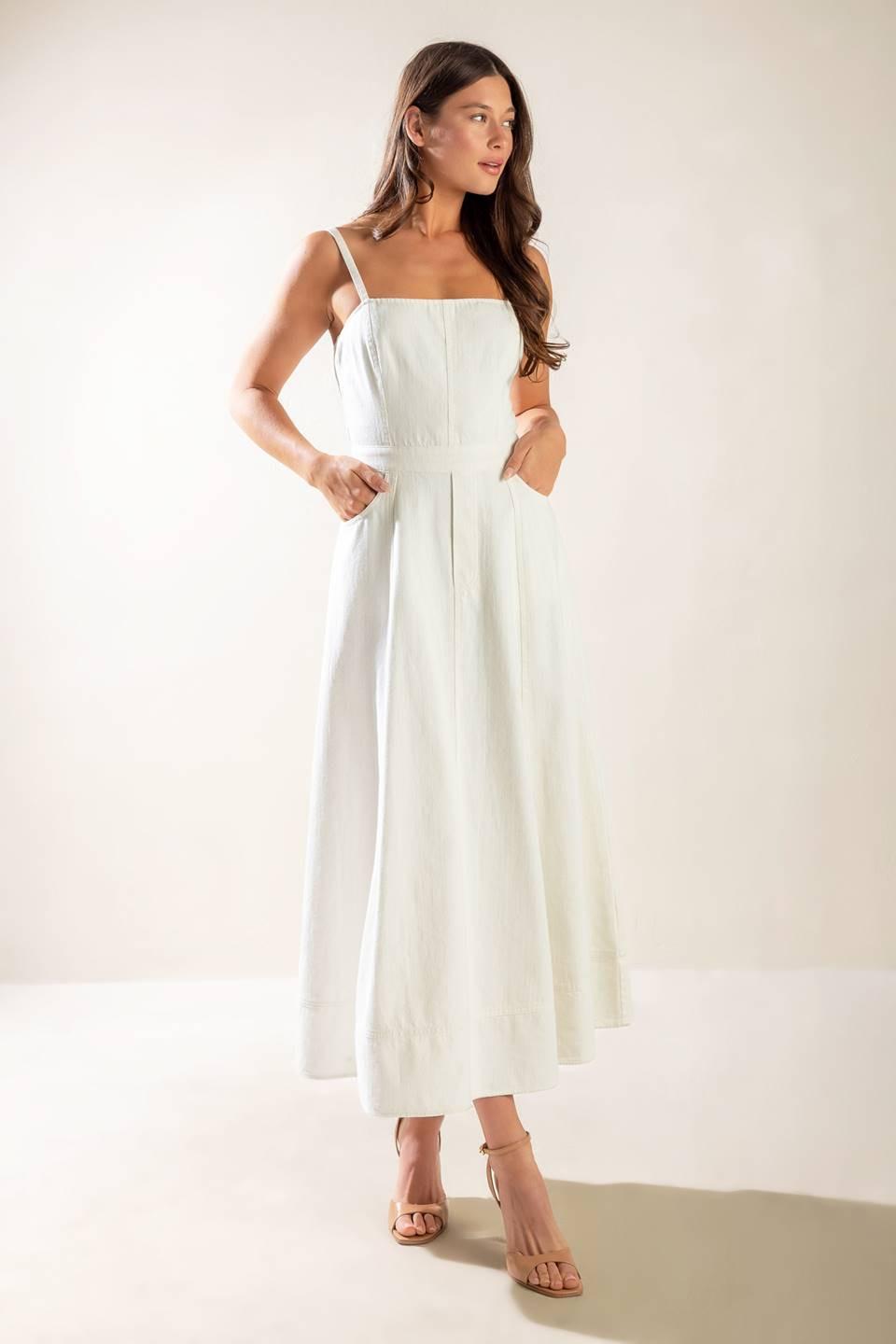 Flying Tomato Let's Go For A Walk woven midi dress in white, showcasing a lightweight, casual dress with a relaxed fit.