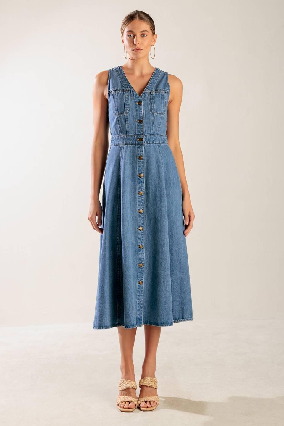 Flying Tomato blue denim midi dress, stylish and casual, with a fitted bodice and flowing skirt, perfect for everyday wear.