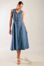 Flying Tomato blue denim midi dress from the Journey Begins collection, featuring a stylish, casual design and mid-length fit.