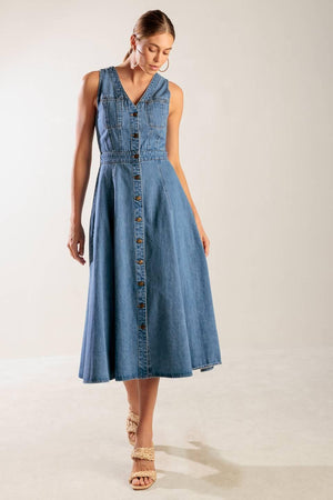 Flying Tomato blue denim midi dress from the Journey Begins collection, featuring a stylish, casual design and mid-length fit.