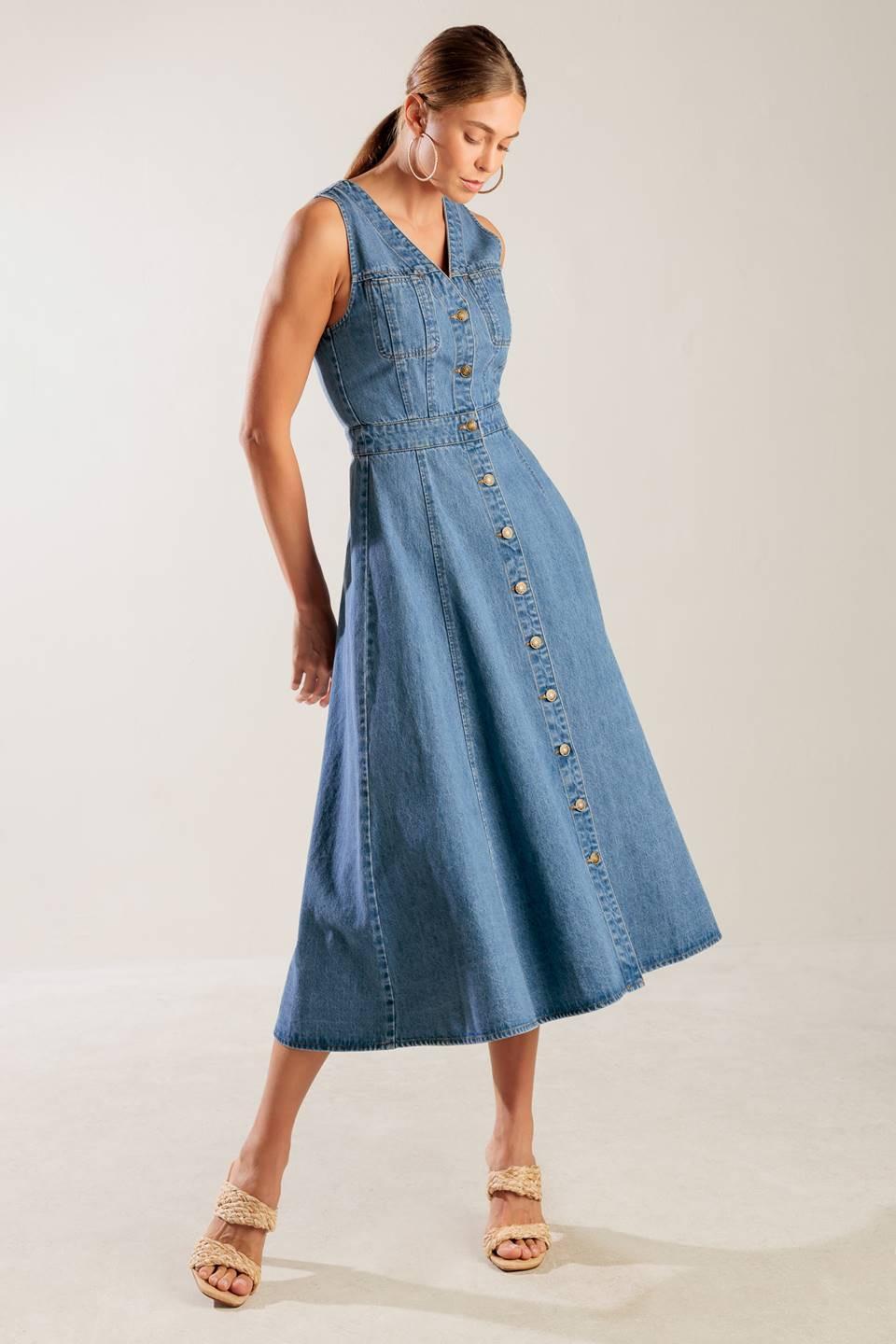 Flying Tomato blue denim midi dress from the Journey Begins collection, featuring a stylish casual design and classic denim fabric.
