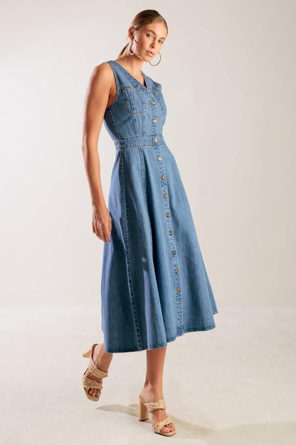 Flying Tomato blue denim midi dress from The Journey Begins collection, featuring a stylish, fitted silhouette and classic denim fabric.