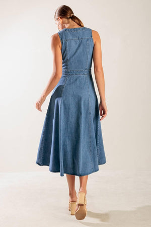 Flying Tomato blue denim midi dress from the Journey Begins collection, featuring a stylish, casual design with a fitted waist and midi length.