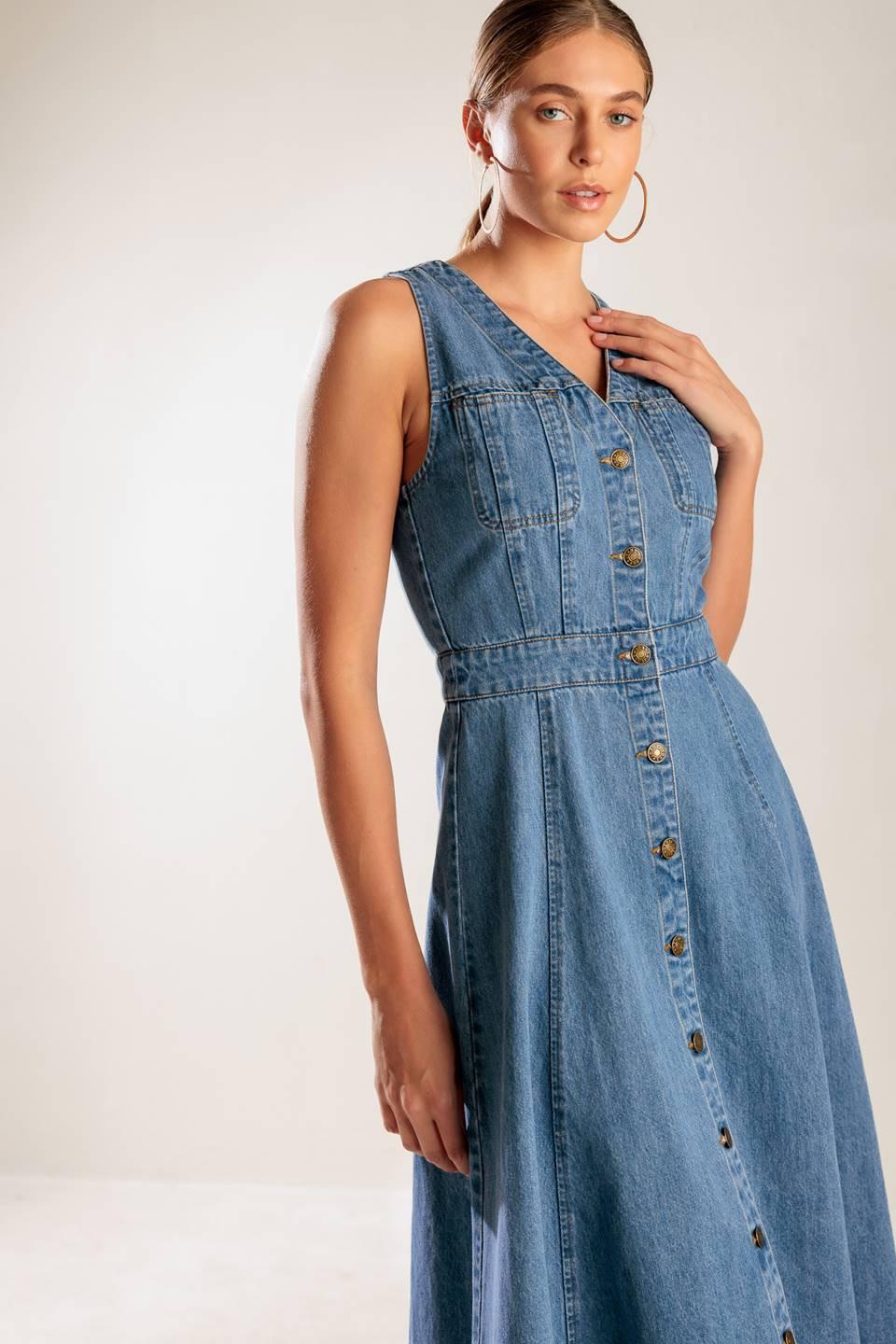 Flying Tomato blue denim midi dress from the Journey Begins collection, featuring a stylish, casual design with a fitted silhouette.