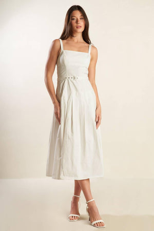 Flying Tomato Shay Lantana woven midi dress in white, featuring a stylish, flowing design perfect for casual or semi-formal wear.
