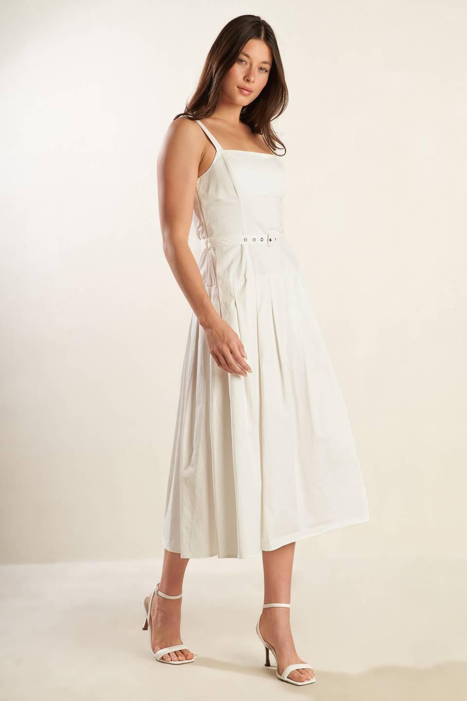 Flying Tomato Shay Lantana woven midi dress in white, featuring a stylish, flowy design perfect for warm weather.