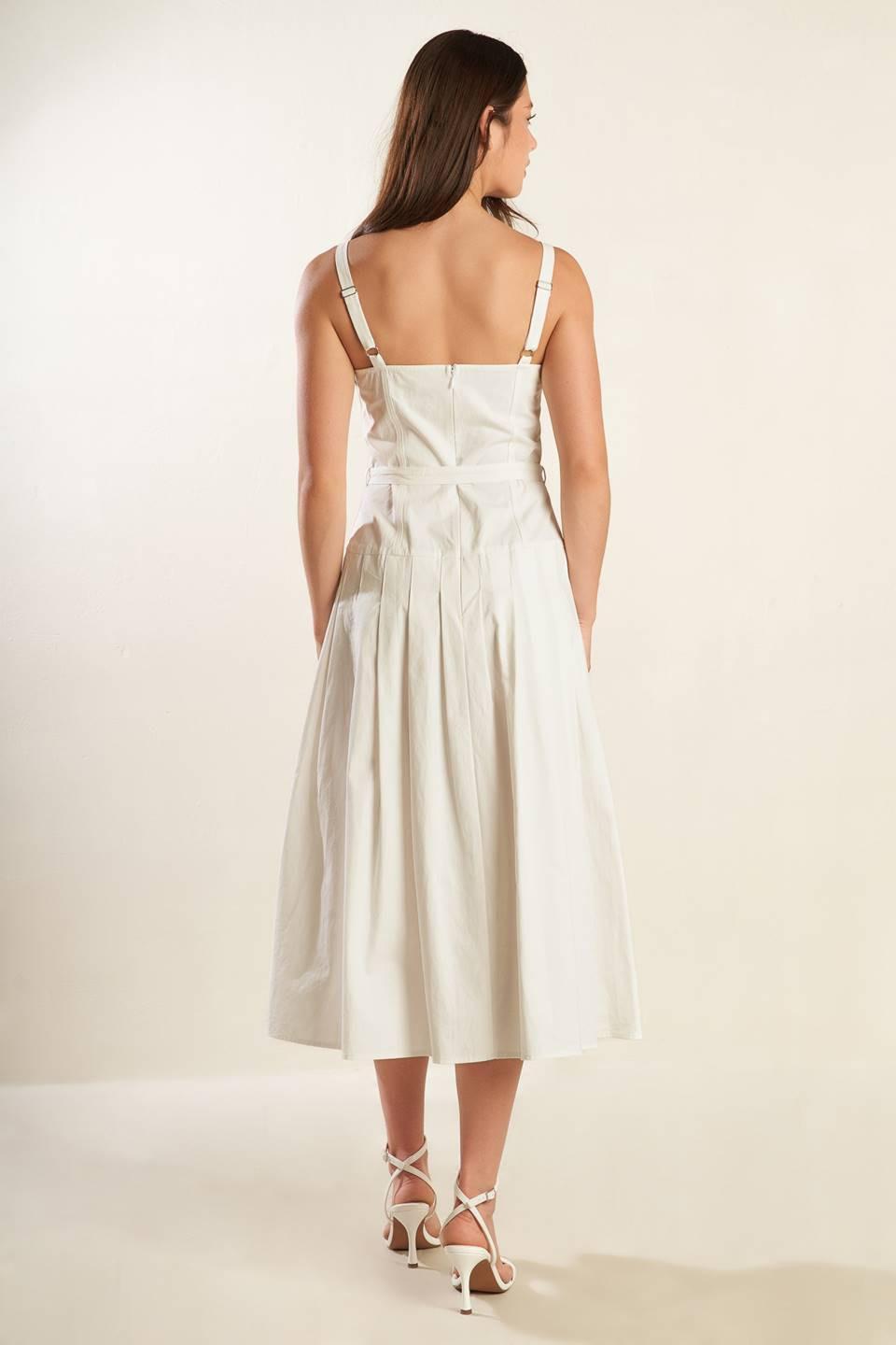 White Shay Lantana woven midi dress by Flying Tomato, displayed flat showing its textured fabric and elegant midi length.