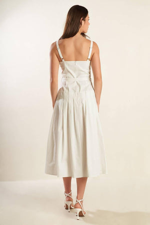 White Shay Lantana woven midi dress by Flying Tomato, displayed flat showing its textured fabric and elegant midi length.