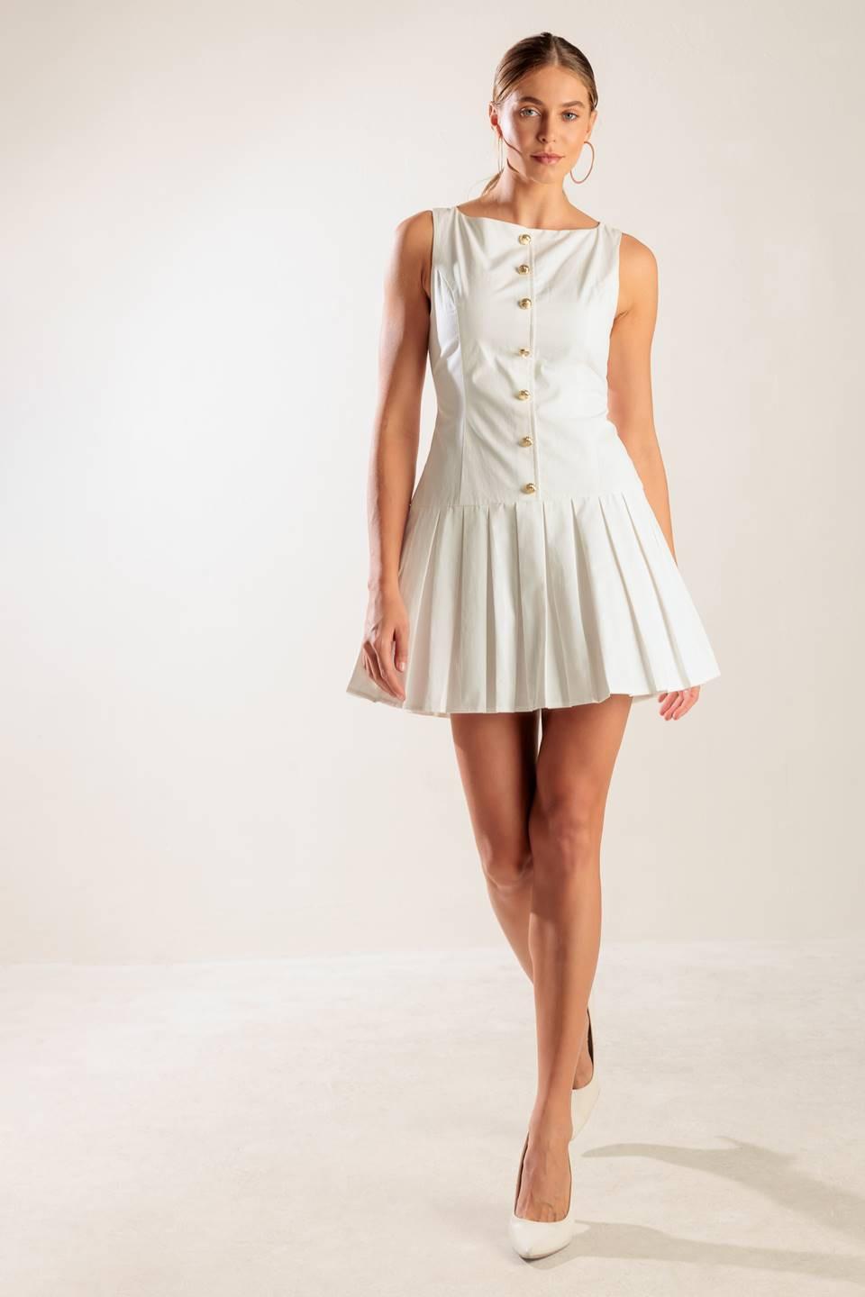 Flying Tomato white woven mini dress, stylish sleeveless dress with a fitted bodice and flared skirt, perfect for casual summer wear.