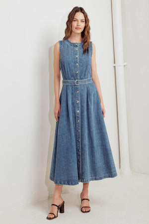 Flying Tomato Midnight Rodeo denim midi dress in indigo with a fitted waist and casual style, displayed on a hanger.