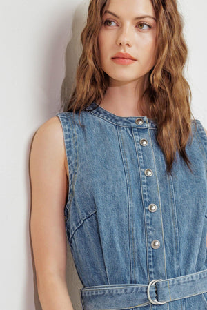 Flying Tomato Midnight Rodeo denim midi dress in indigo with a fitted bodice and flowing skirt, perfect for casual or semi-formal wear.