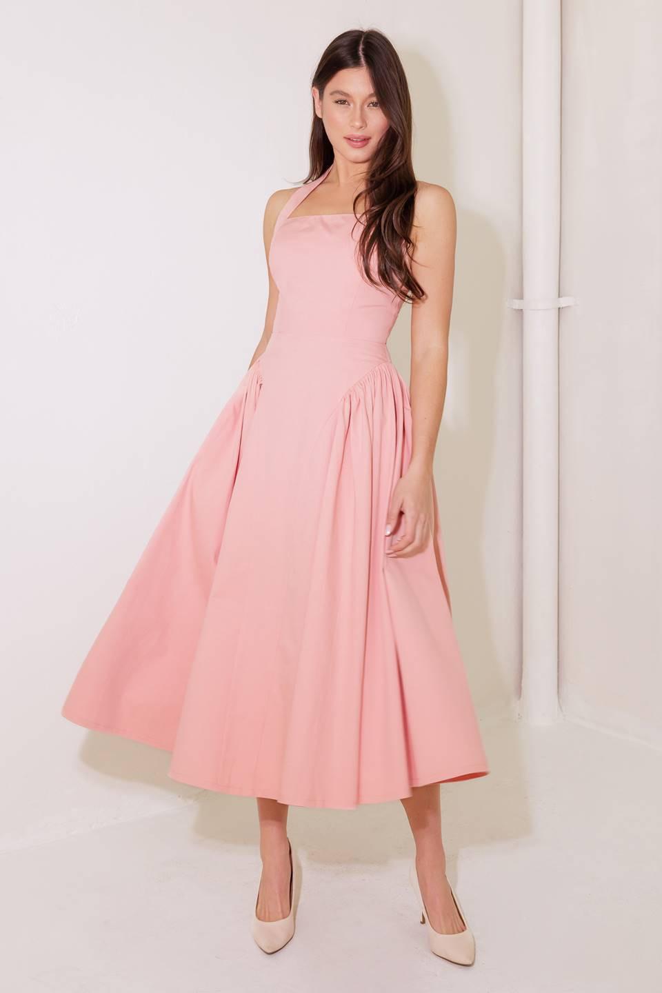 Pink woven midi dress from Flying Tomato with a soft, textured fabric, featuring a stylish, flowing design perfect for casual wear.