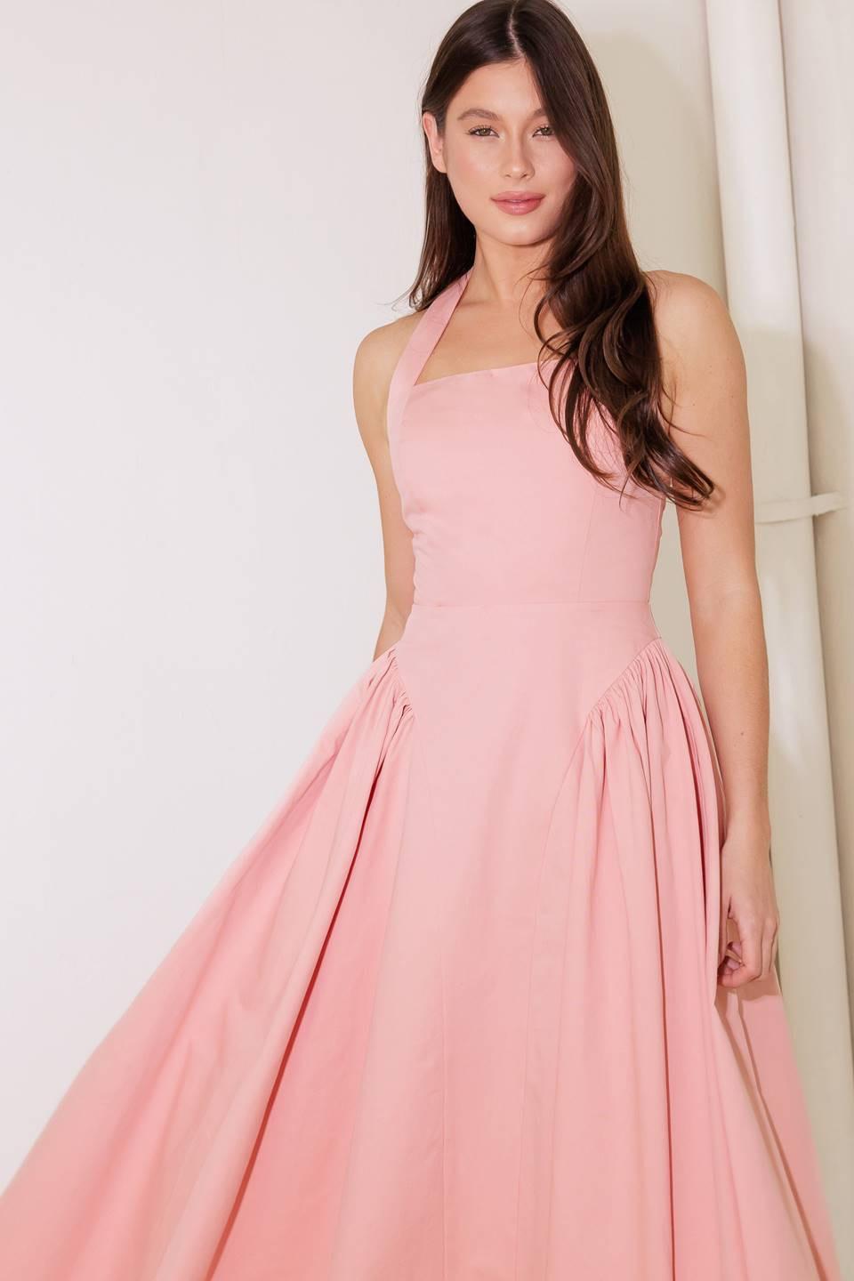 Pink woven midi dress from Flying Tomato with a soft fabric, featuring a stylish and comfortable design ideal for warm weather.