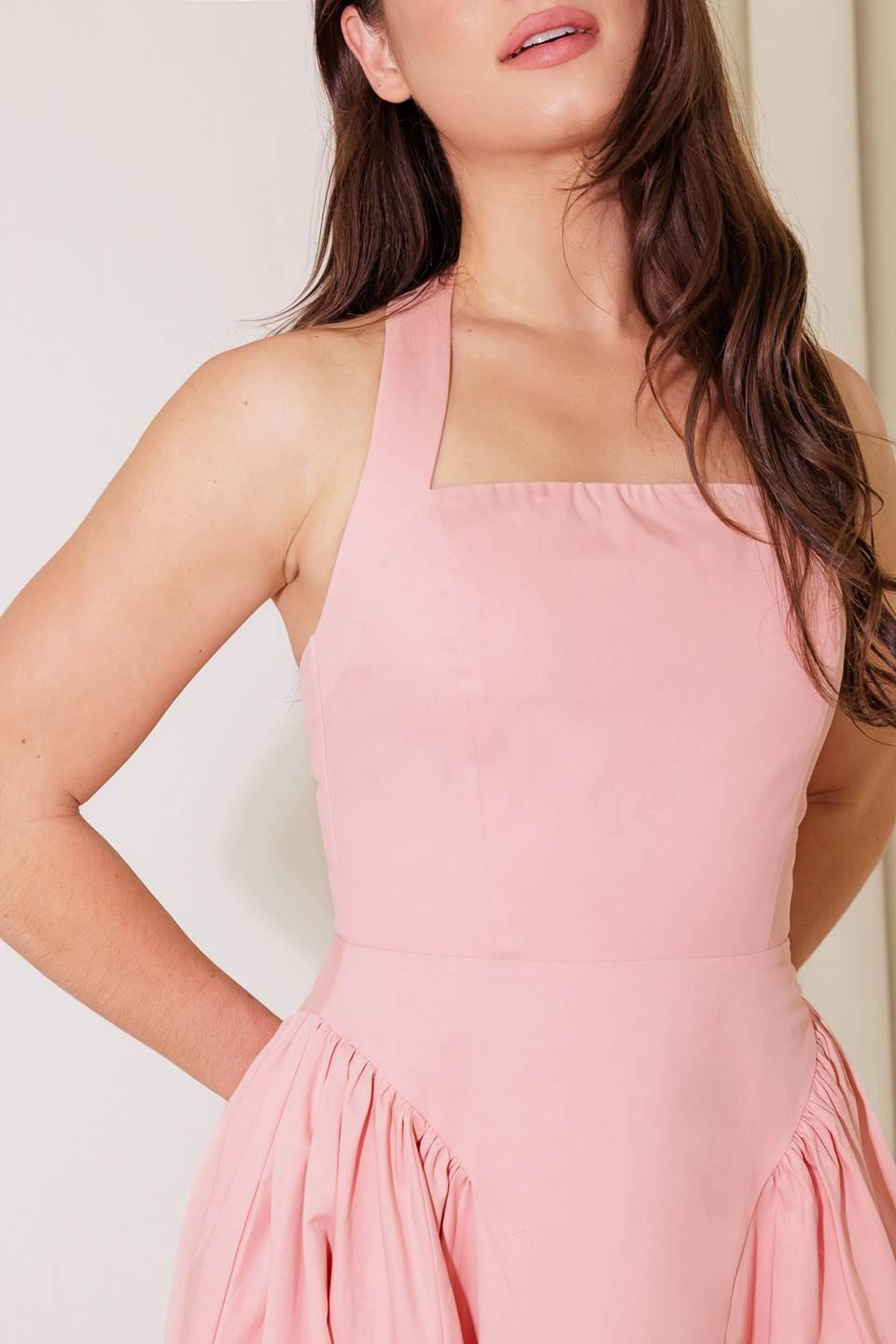 Pink woven midi dress from Flying Tomato's Caught in the Rain collection, featuring a flowy design and soft fabric.