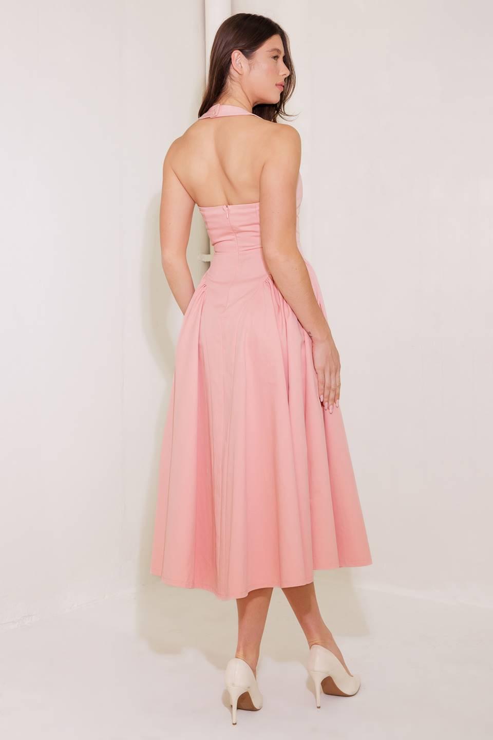 Pink woven midi dress from Flying Tomato's Caught in the Rain collection, featuring a soft fabric and elegant design.