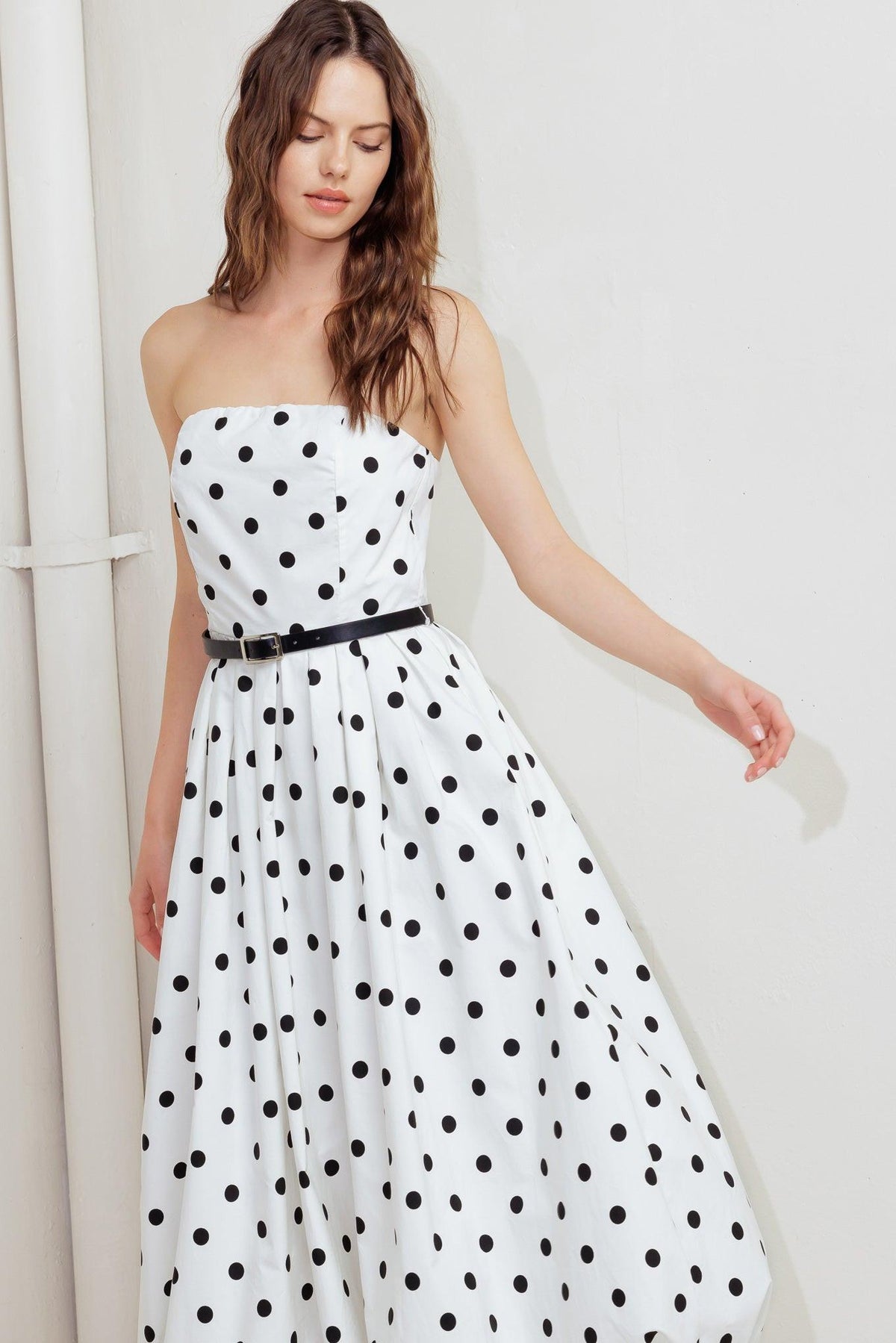 Flying Tomato Monroe Dot white woven midi dress displayed with a fitted waist and flowing skirt.