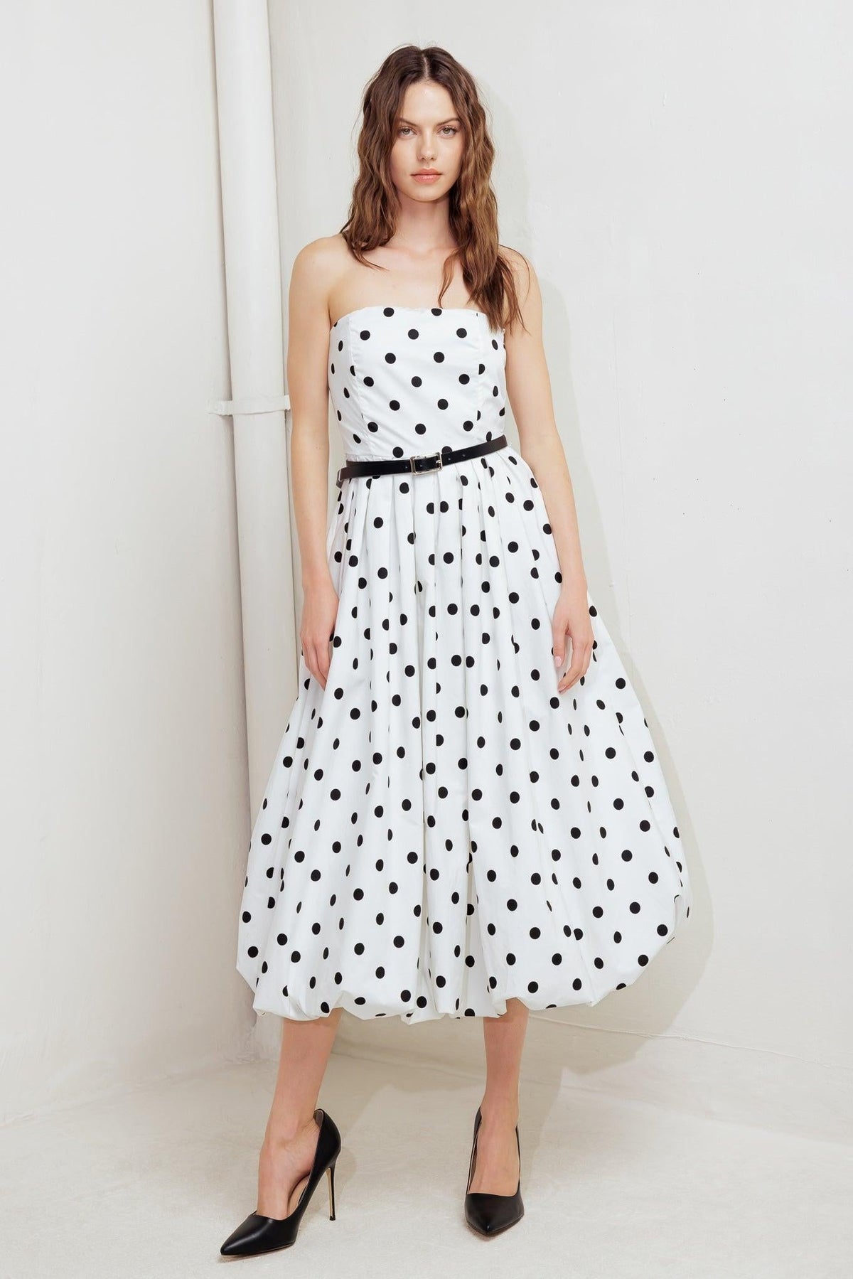 Flying Tomato Monroe Dot White Woven Midi Dress featuring a sleeveless design, round neckline, and gathered waist detail.