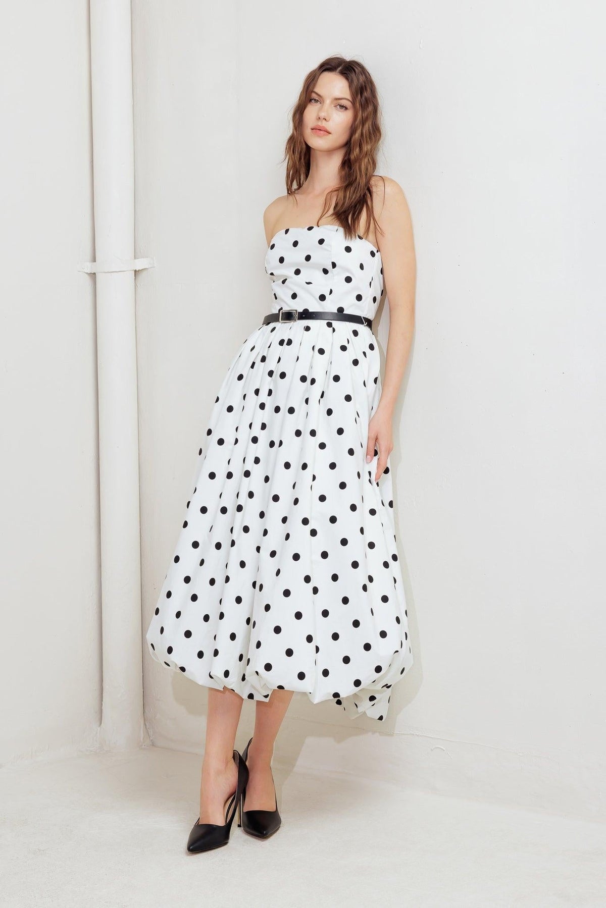Flying Tomato Monroe Dot White Woven Midi Dress displayed on a model, featuring a fitted waist and elegant midi length.