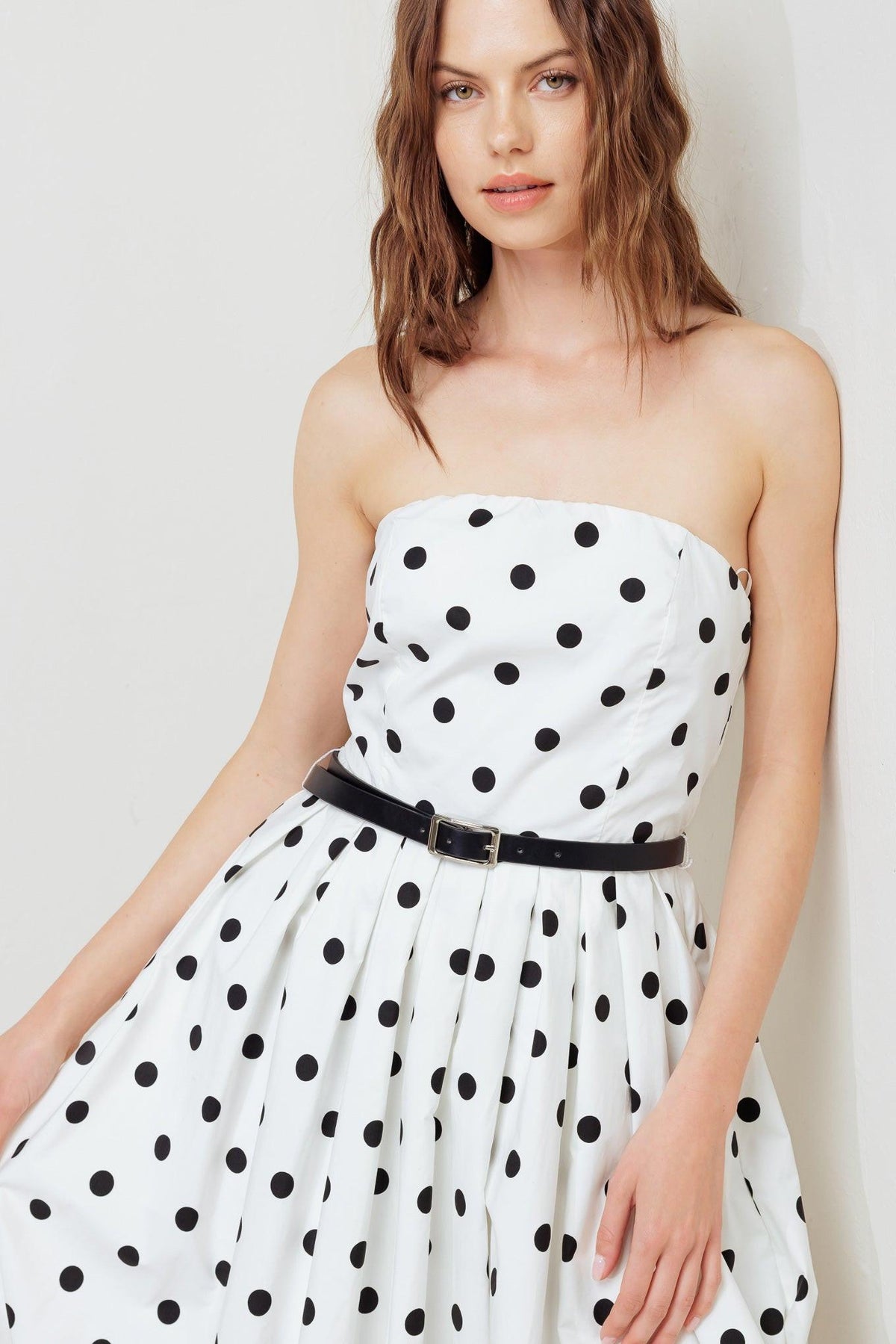 Flying Tomato Monroe Dot White Woven Midi Dress, lightweight and stylish with a dotted pattern, perfect for casual or summer wear.