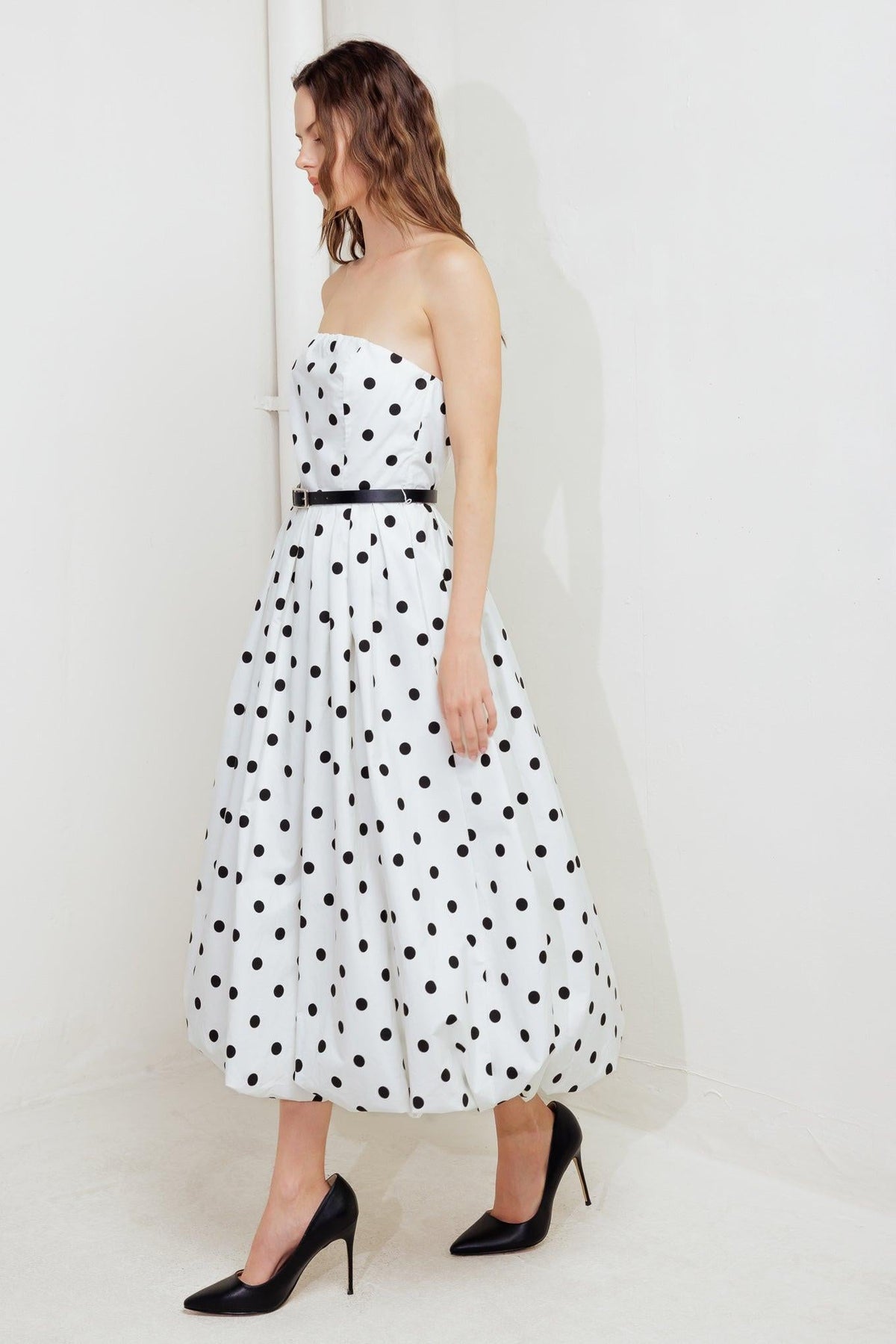 White Monroe Dot woven midi dress by Flying Tomato, detailed view showing the fabric and classic design.