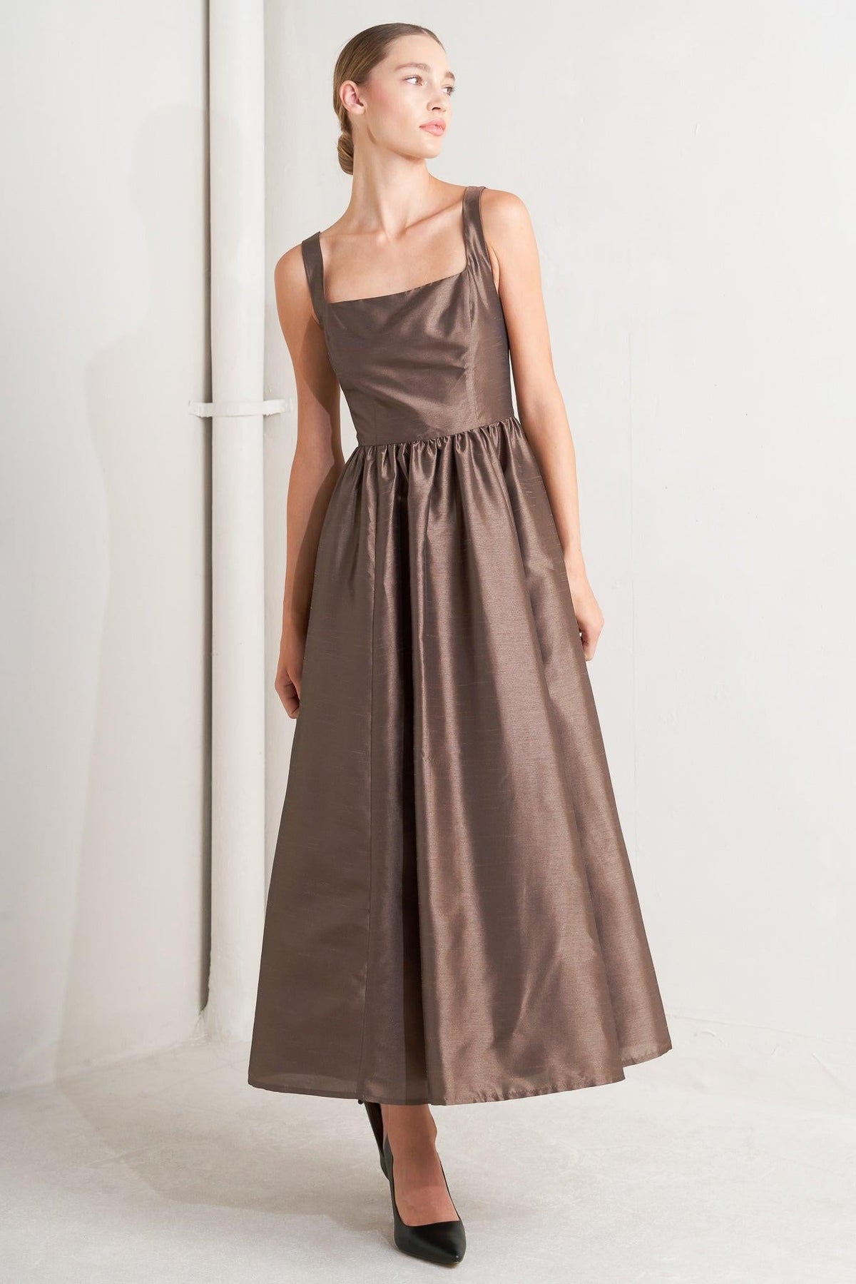 Brown woven midi dress from Flying Tomato's Café Luster collection, featuring a fitted waist and flowing skirt.